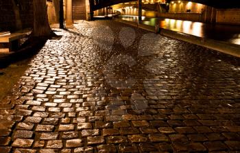 wet cobblestone paved quay in Paris at night