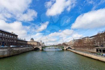 panorama of Seine river and Pont de Notre Dame in Paris in spring