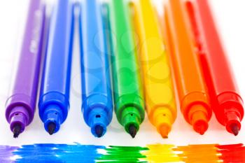 tips of rainbow color felt pens close up