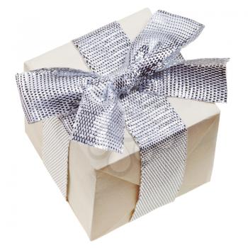small handmade paper gift box with silver bow isolated on white background