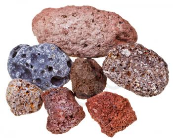Specimens of pumice stones isolated on white background