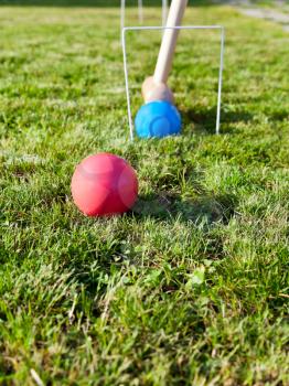 hitting of balls in game of croquet on green lawn in summer day