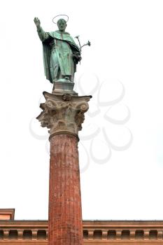 statue and column of Saint Dominic near Basilica of San Domenico, Bologna, Italy on white background