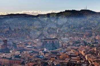 bird eye view from Asinelli Tower on Bologna with mountain, Italy