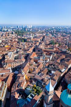 aerial bird eye view from Asinelli Tower of via San Vitale in Bologna, Italy