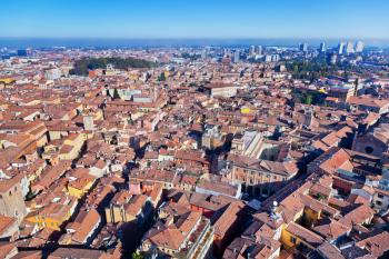 aerial bird eye view panorama from Asinelli Tower on Bologna city, Italy