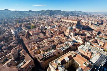 aerial bird eye view from Asinelli Tower on Bologna with hills, Italy
