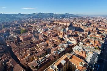 bird eye view from Asinelli Tower on Bologna with hills, Italy