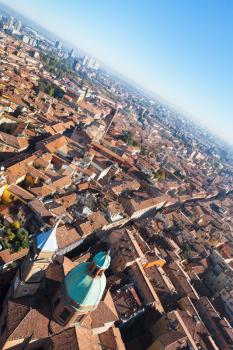 bird view from Asinelli Tower on Bologna with hills, Italy