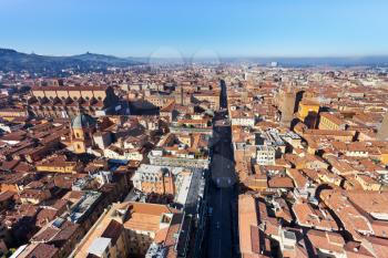 aerial bird eye view from Asinelli Tower on Strada Maggiore in Bologna, Italy