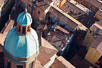 aerial bird eye view from Asinelli Tower on via San Vitale in Bologna, Italy