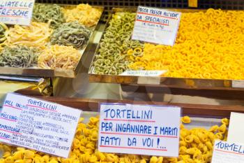 traditional fresh made local bolognese pasta for in small shop window