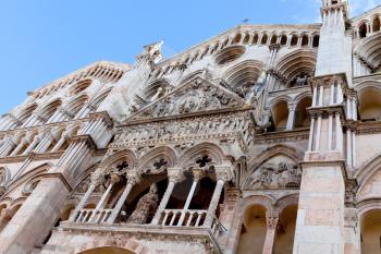 side view of facade Ferrara Cathedral, Italy