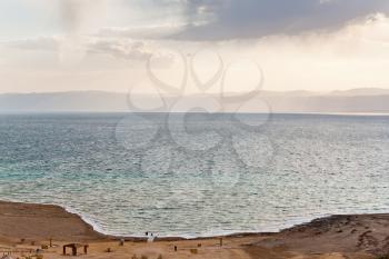 sand beach on Dead Sea coast in Jordan in evening