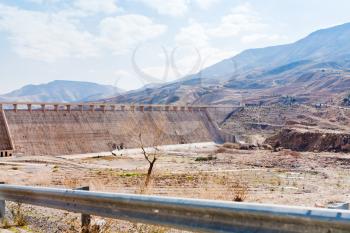 wall of Wadi Al Mujib dam in mountain valley in Jordan
