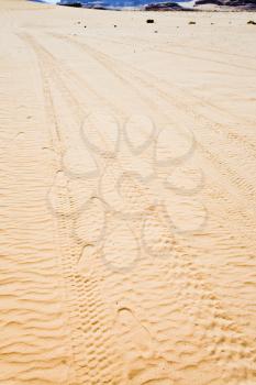 car trace on sand surface in Wadi Rum desert, Jordan