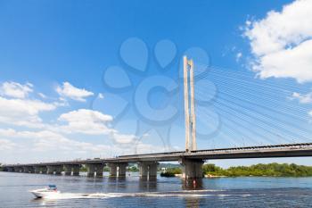 Rybalskyi (Fisherman's) cable-stayed Bridge through Dnieper River in Kiev, Ukraine