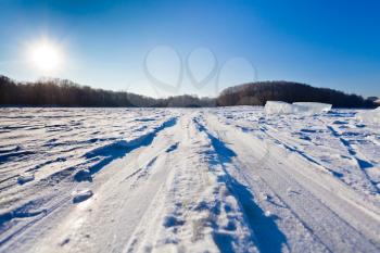 ski track at snow field in cold winter day in Moscow, Russia