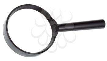 magnifying glass in black plastic frame isolated on white