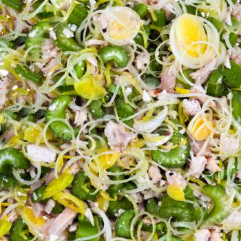 fresh leek and celery salad with chicken meat close up
