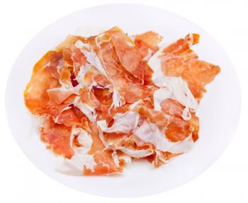 Prosciutto di Parma on plate isolated on white background
