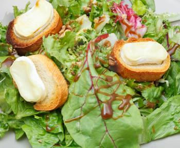 green salad with goat cheese and toasted bread on plate close up