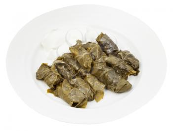 portion armenian meal - dolma from grape leaves and mince on plate isolated on white background