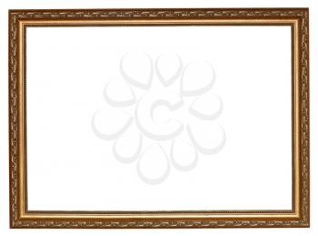 narrow gilted wooden picture frame with cut out canvas isolated on white background