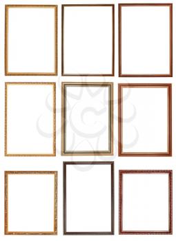 set of decorative narrow wooden picture frames with cut out canvas isolated on white background