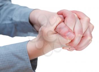 clenched hands close up - hand gesture isolated on white background