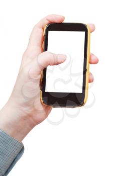 cut out screen of smart phone in hand isolated on white background