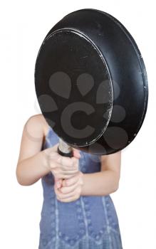 woman with skillet close up isolated on white background