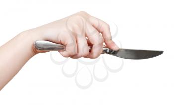 hand with table knife isolated on white background