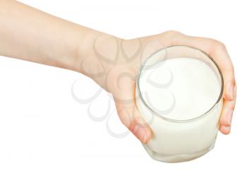 top view of hand holding glass of milk isolated on white background