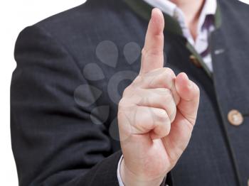 businessman pointing by forefinger - hand gesture isolated on white background