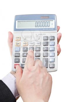 above view of calculator in businessman hands isolated on white background