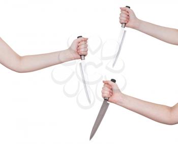 set of hand with kitchen knife isolated on white background