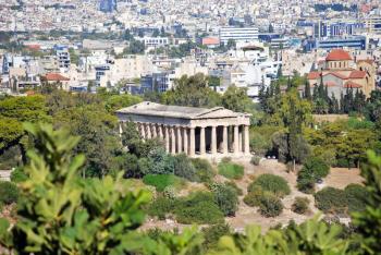 Temple of Hephaestus and Athens city view from Acropolis hill, Greece