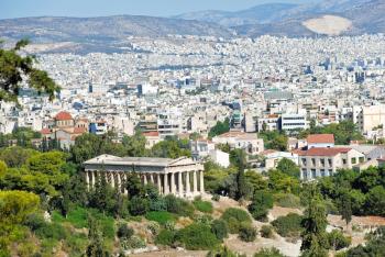view of Athens city with Temple of Hephaestus from Acropolis hill, Greece
