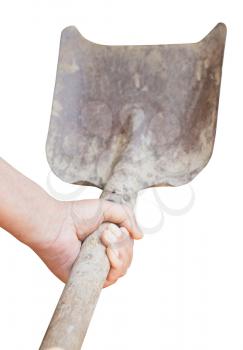 worker hand holds old shovel isolated on white background