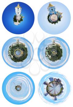 set of spherical panoramic views of Kiev landmarks, Ukraine