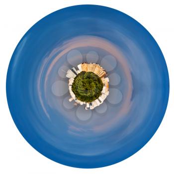 little planet - little green planet with urban houses in dark blue sky isolated on white background