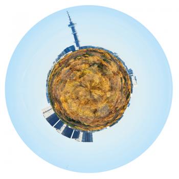 little planet - spherical planet with yellow autumn forest and urban houses and TV tower isolated on white background