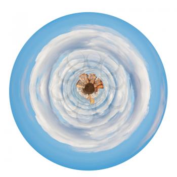 little planet - little urban planet in white autumn clouds isolated on white background