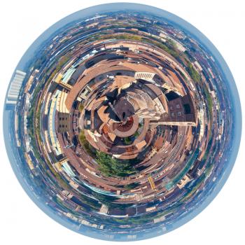 little planet - spherical panoramic cityscape of italian city Bologna from Asinelli Tower isolated on white background