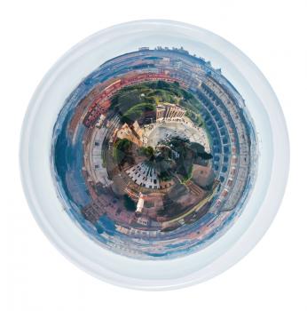 little planet - urban spherical view of Via dei Fori Imperiali to Coliseum, Rome, Italy isolated on white background