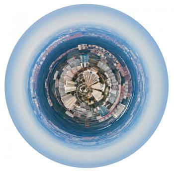 little planet - urban spherical panorama of Moscow living district under blue sky isolated on white background