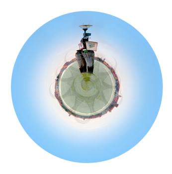 little planet - urban spherical panorama with road sign and velocity control on water way in Venetian Lagoon isolated on white background