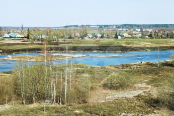 russian spring landscape with village and Moscow River in Mozhaysk region