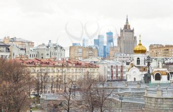 Moscow skyline with cathedral, Moscow City and Kudrinskaya Square skyscraper in autumn day